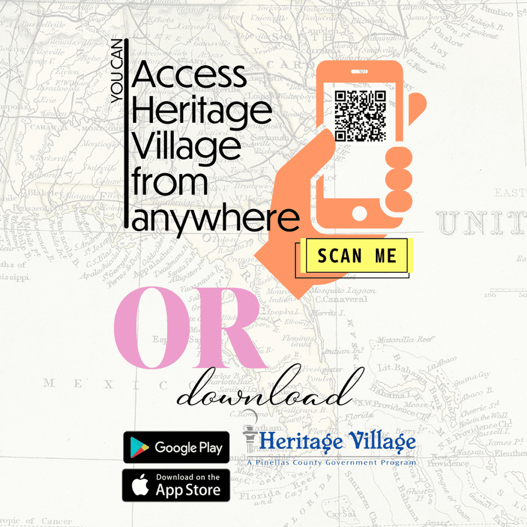 Advertisement for a mobile app with qr code: "discover historical insights by accessing heritage village on your phone – scan or download the app for a virtual tour!.