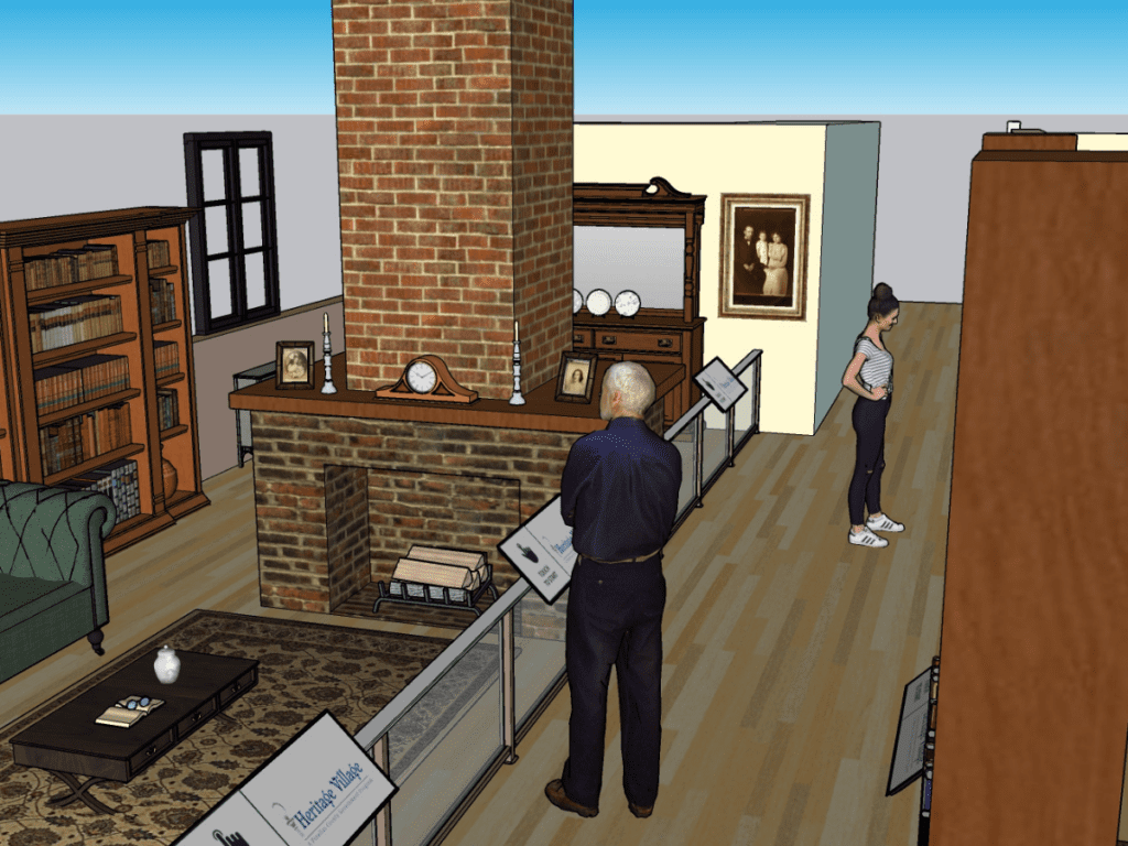 A 3d rendering of an indoor scene depicting two individuals exploring a vintage room filled with antique furniture and historical artifacts, with one person examining a picture frame and the other observing a display case.